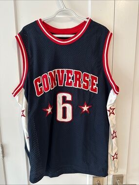 Vintage Converse Navy Blue and Red #6 Basketball Jersey W/ Star Motif - Size XXL